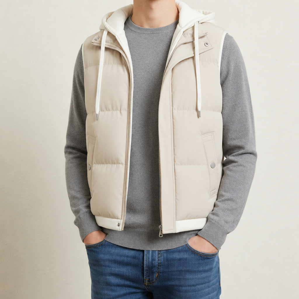 Marsaxlokk Hooded Puffer Gilet in Almond