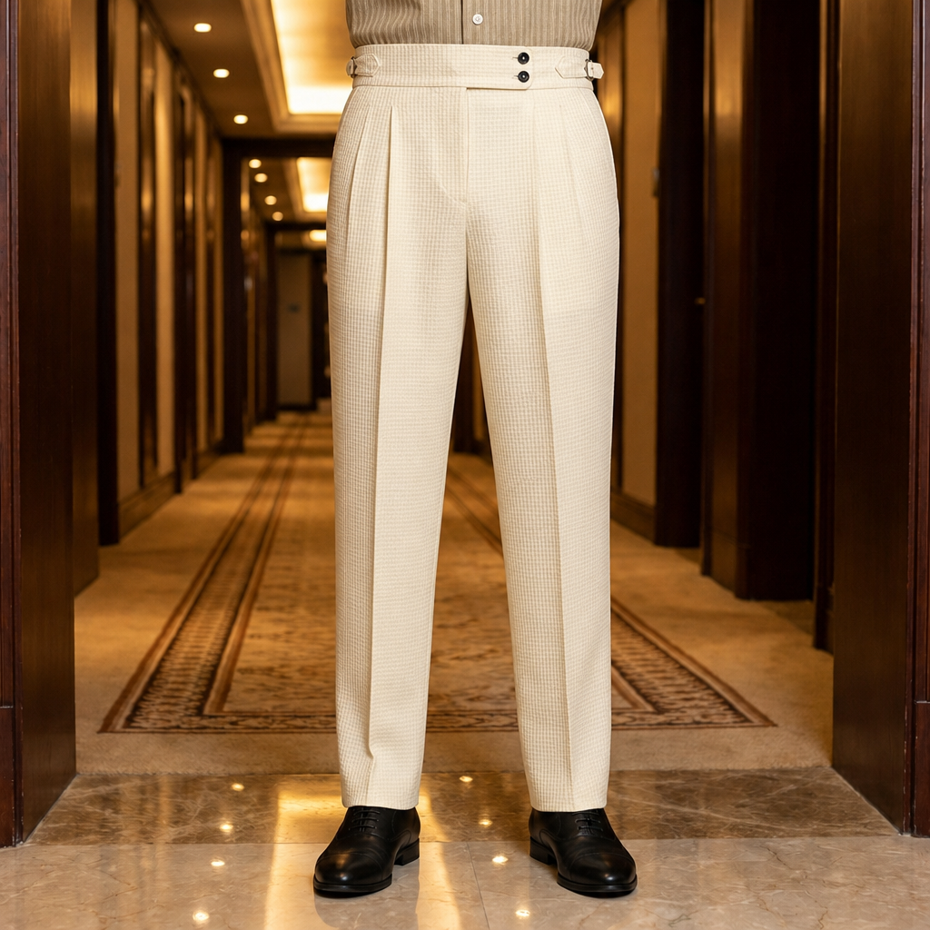 Positano Waffle Pleated Trousers in Apricot