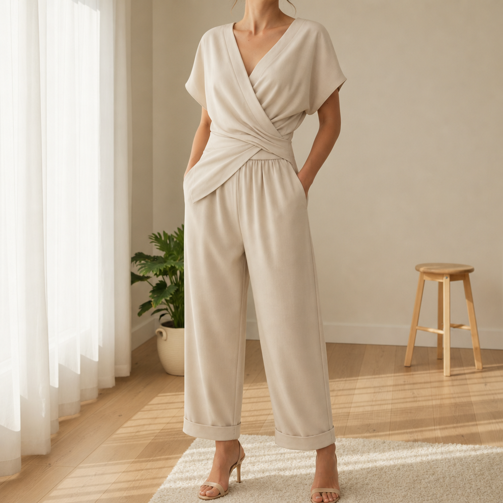 Noto Wrap Front Wide-Leg Jumpsuit in Apricot