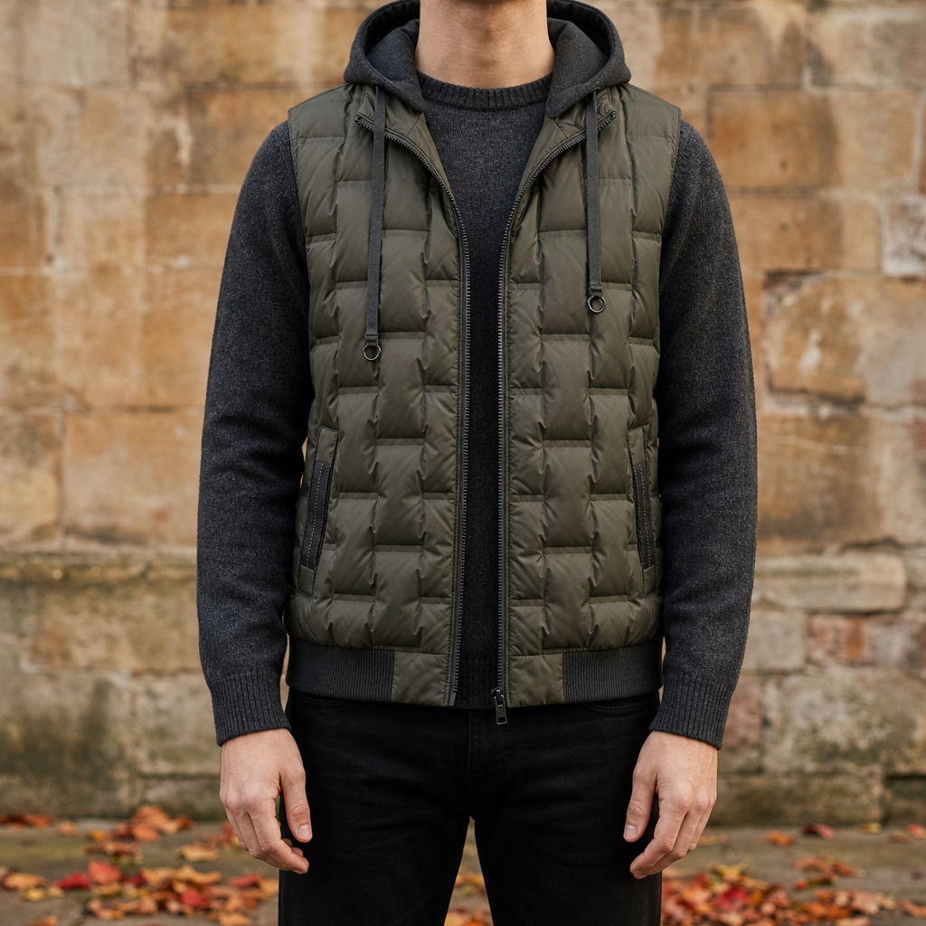 Paxos Hooded Quilted Puffer Vest in Army Green