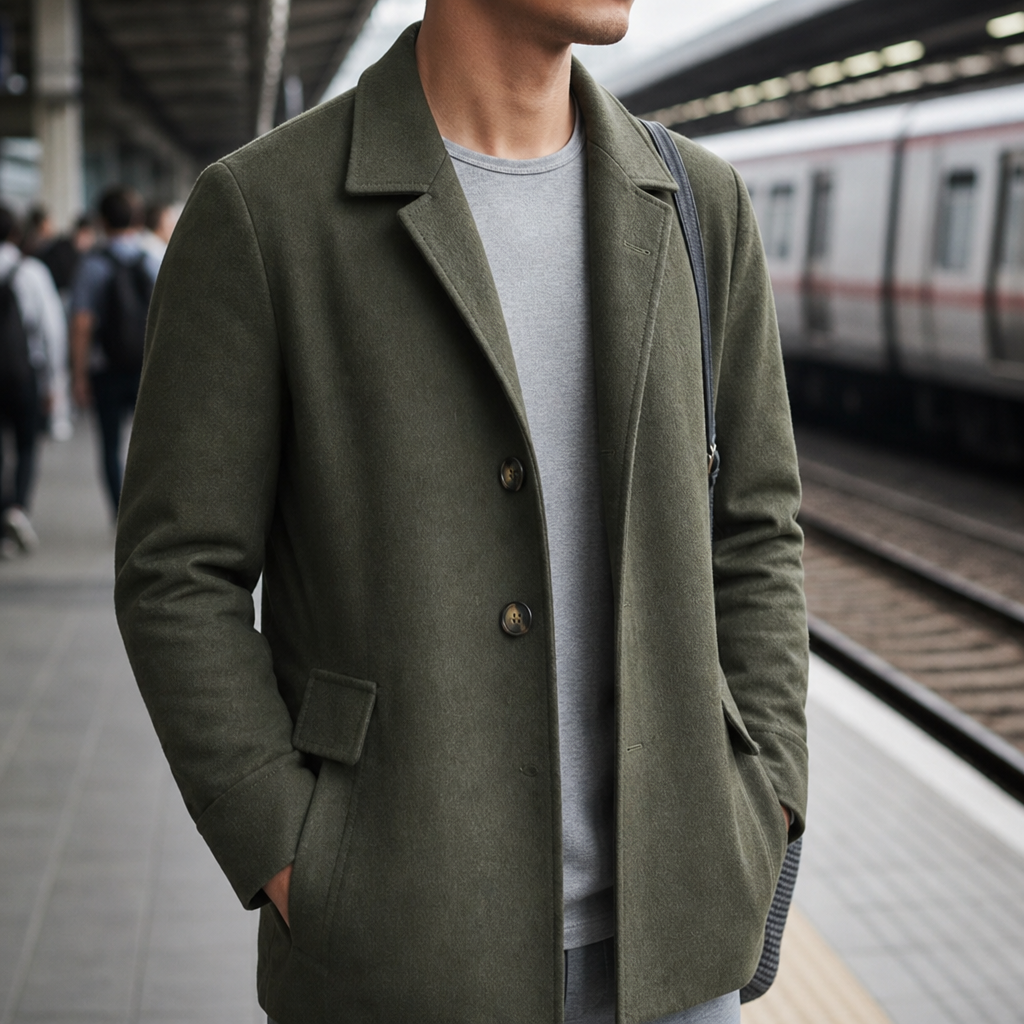 Soller Slim Wool Overcoat in Army Green