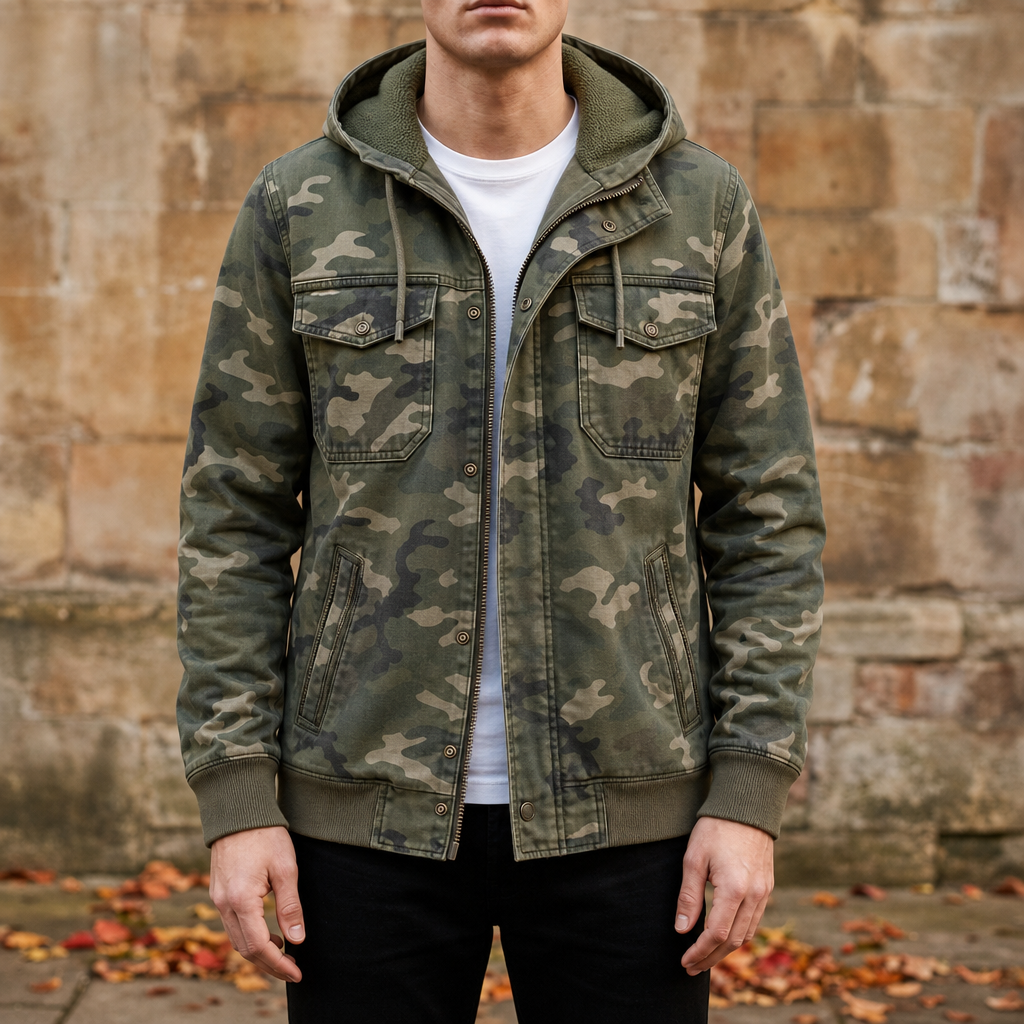 Estoril Camo Hooded Cargo Jacket in Army Green