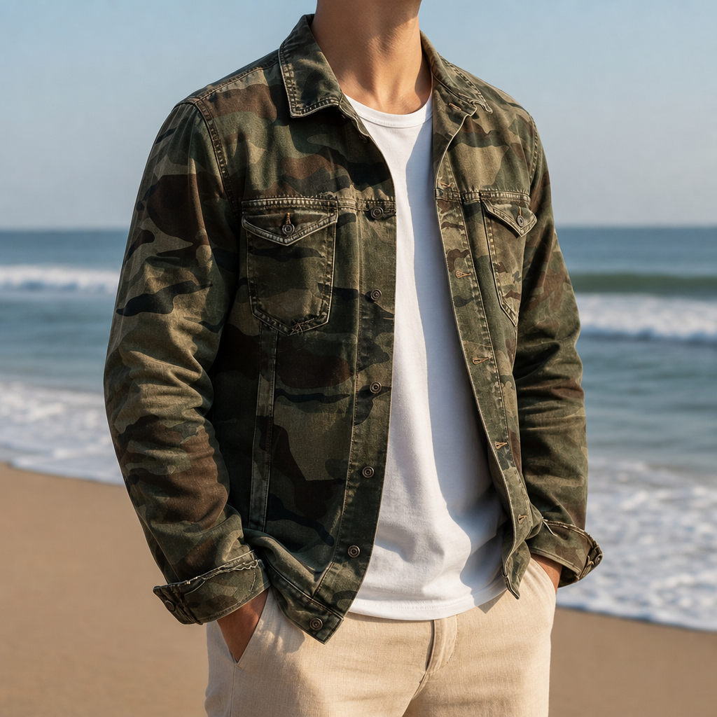 Methoni Camo Canvas Jacket in Army Green