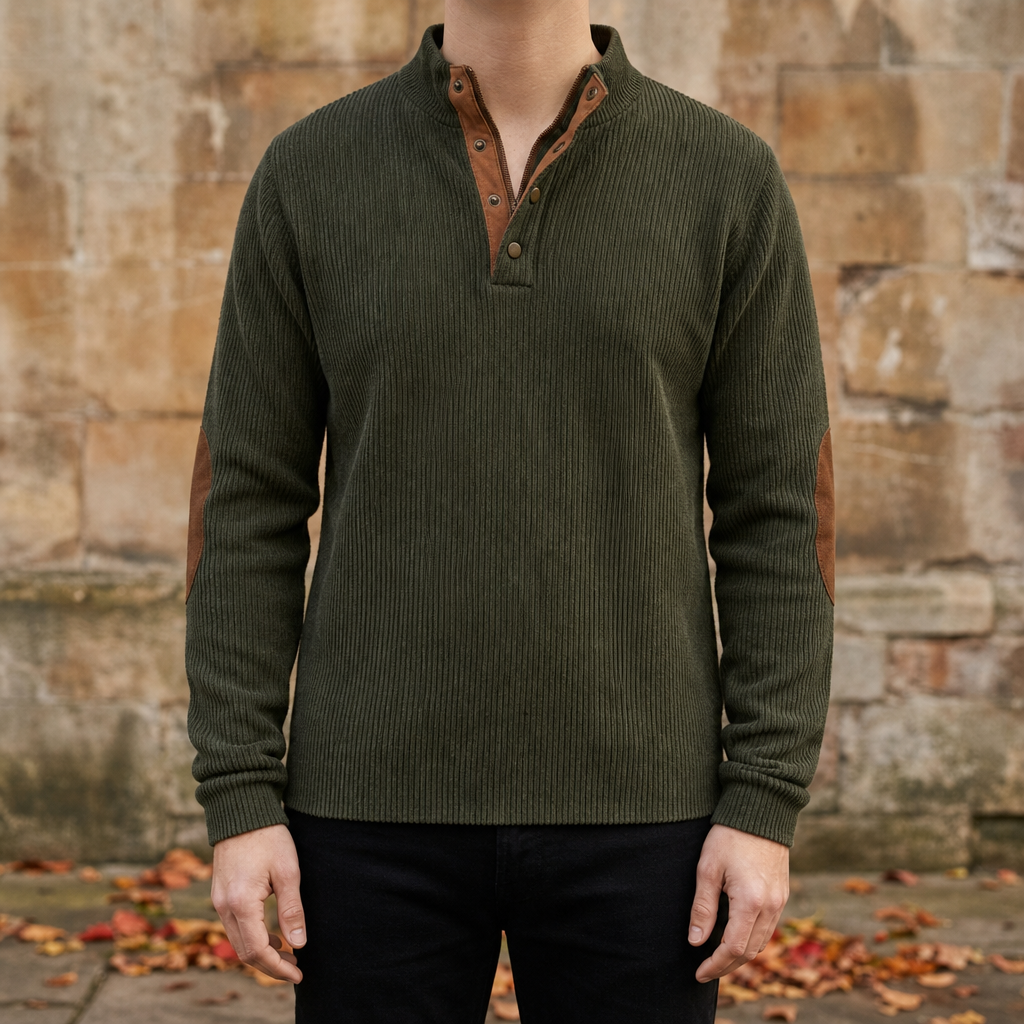 Olhao Corduroy Henley Sweatshirt in Army Green