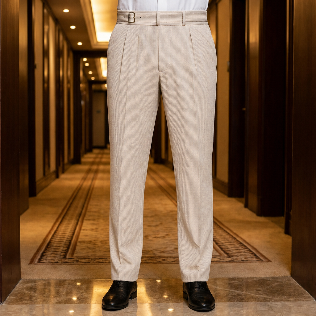 Amarante Pleated Corduroy Trousers in Beige