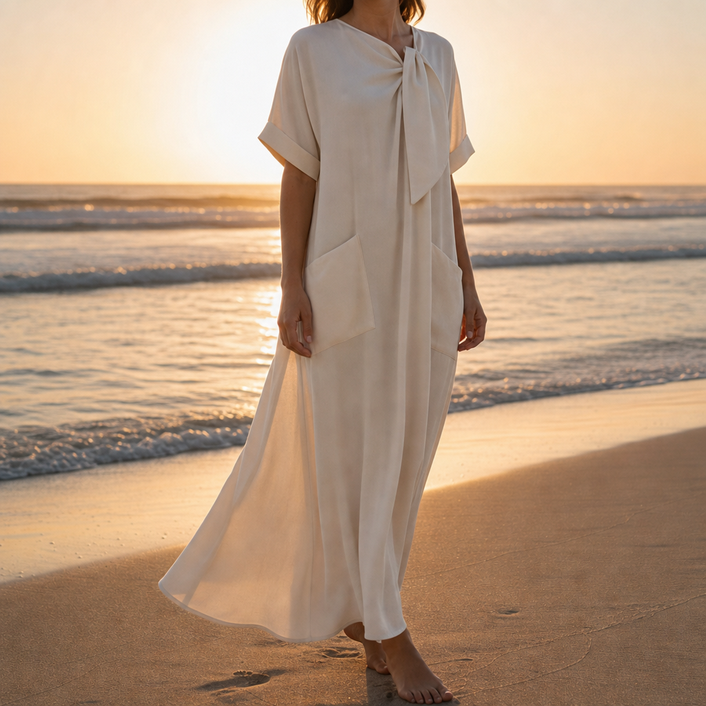 Toledo Bow Neck Maxi Dress in Beige