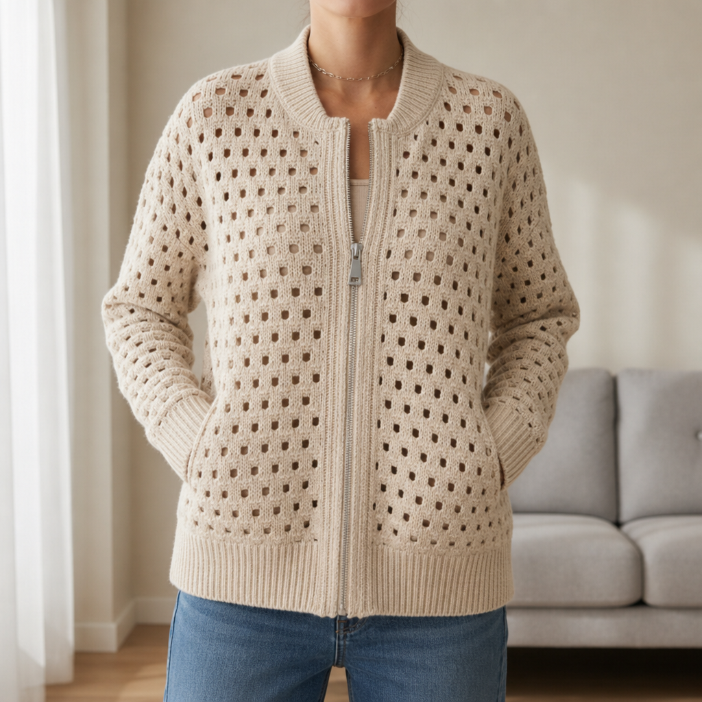Modica Hollow Knit Zip Cardigan in Beige