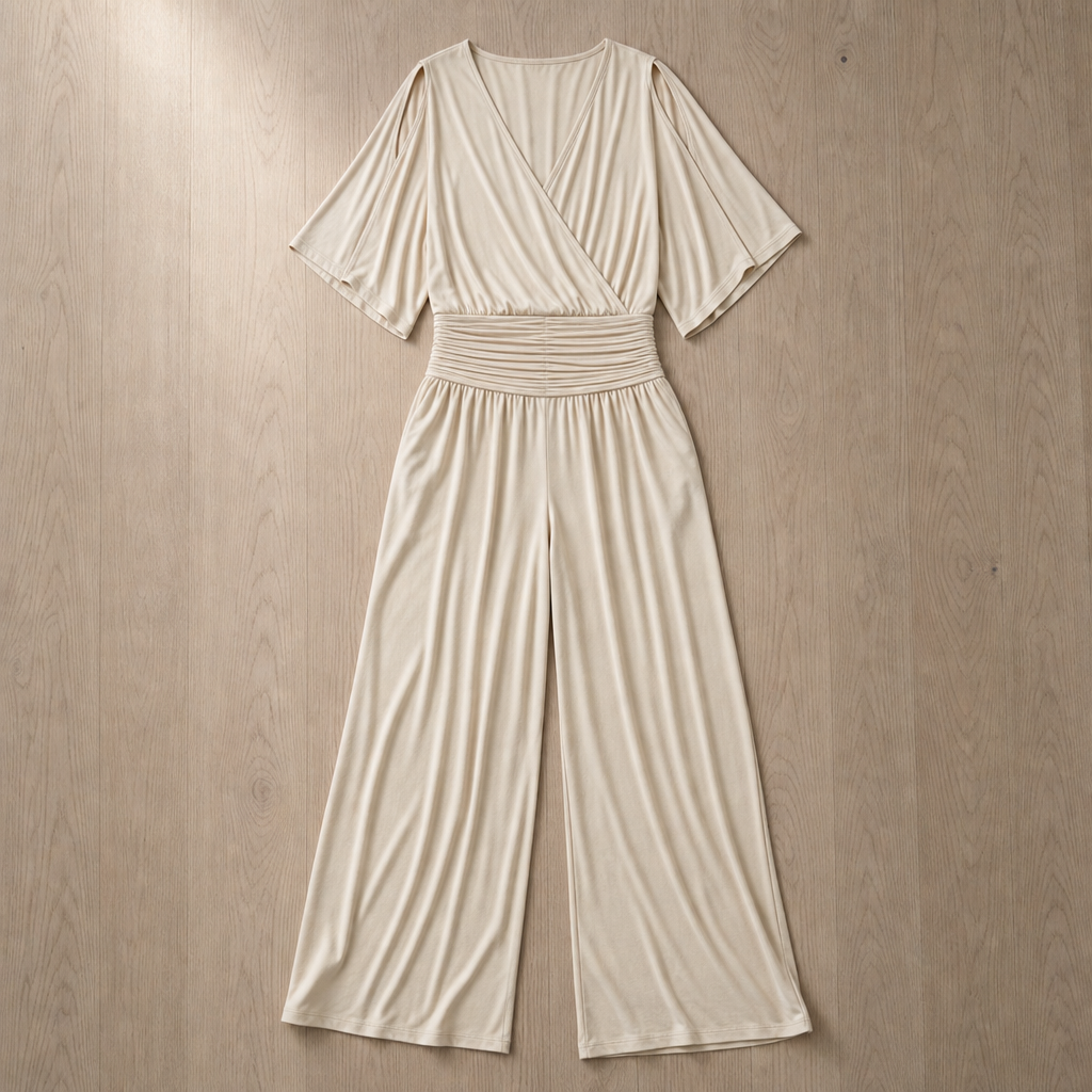 Maratea Wrap Front Wide-Leg Jumpsuit in Beige