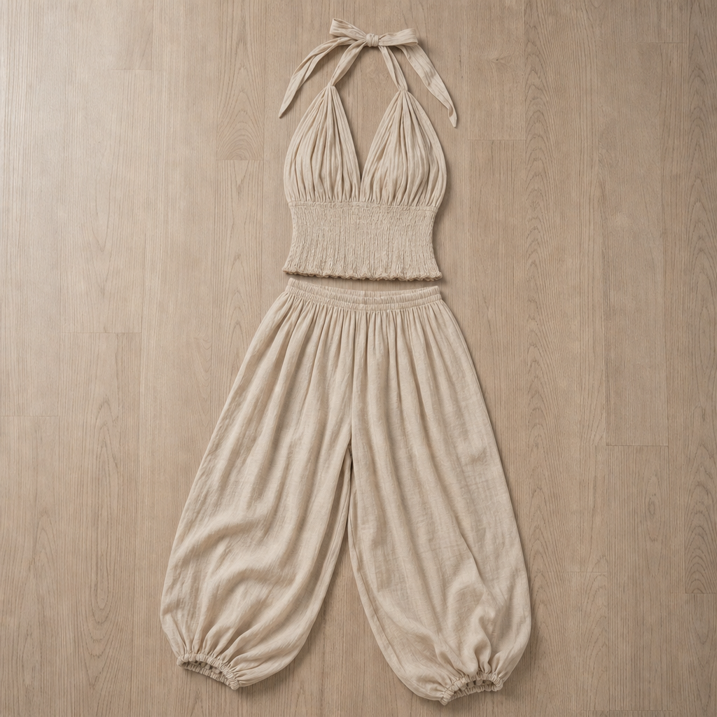 Ikaria Smocked Halter Harem Set in beige