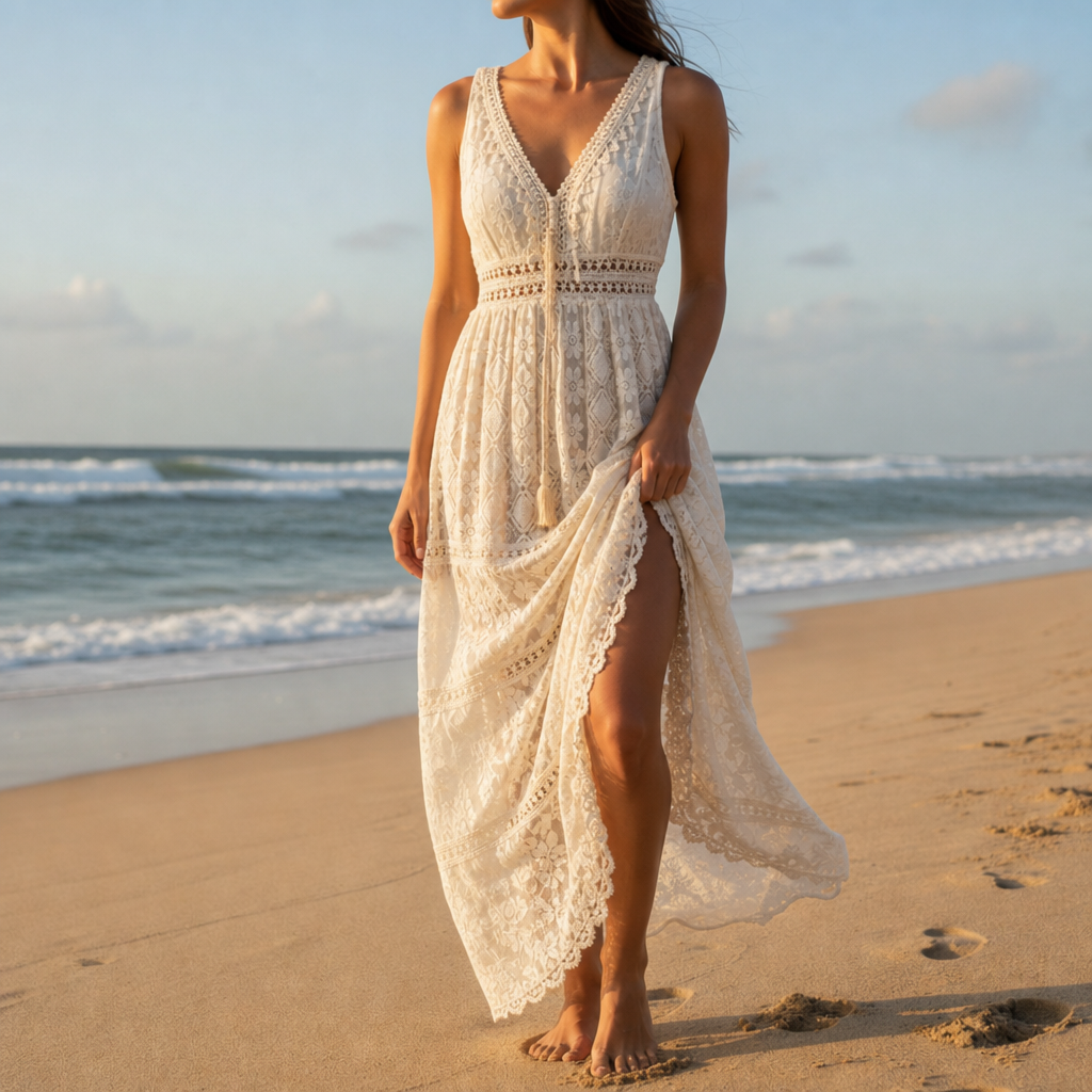 Tavira Boho Lace Maxi Dress in Beige