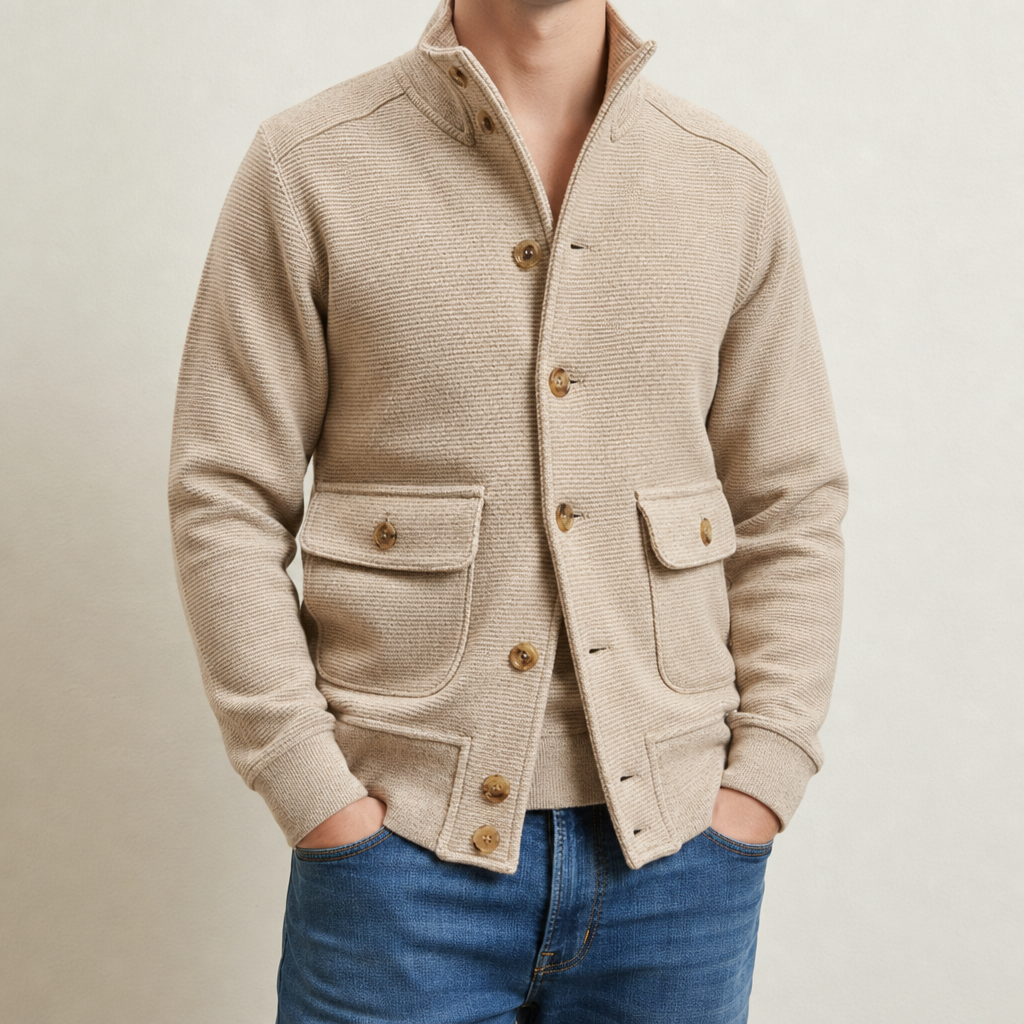 Merano Stand Collar Knit Jacket in Beige