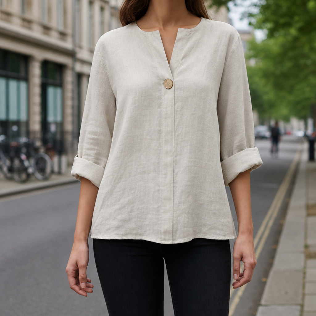 Amorgos Linen V-Neck Blouse in Beige