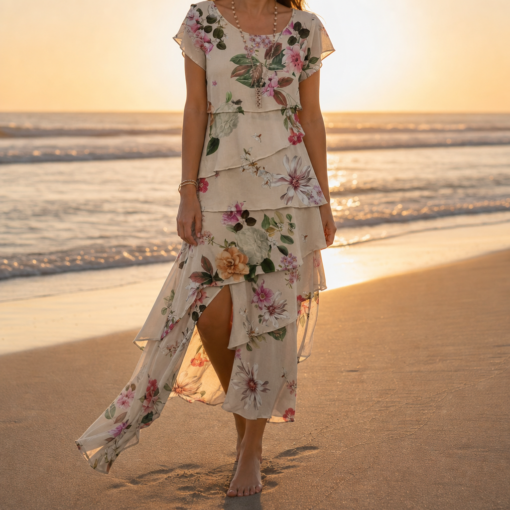 Nerja Floral Tiered Cascade Dress in Beige