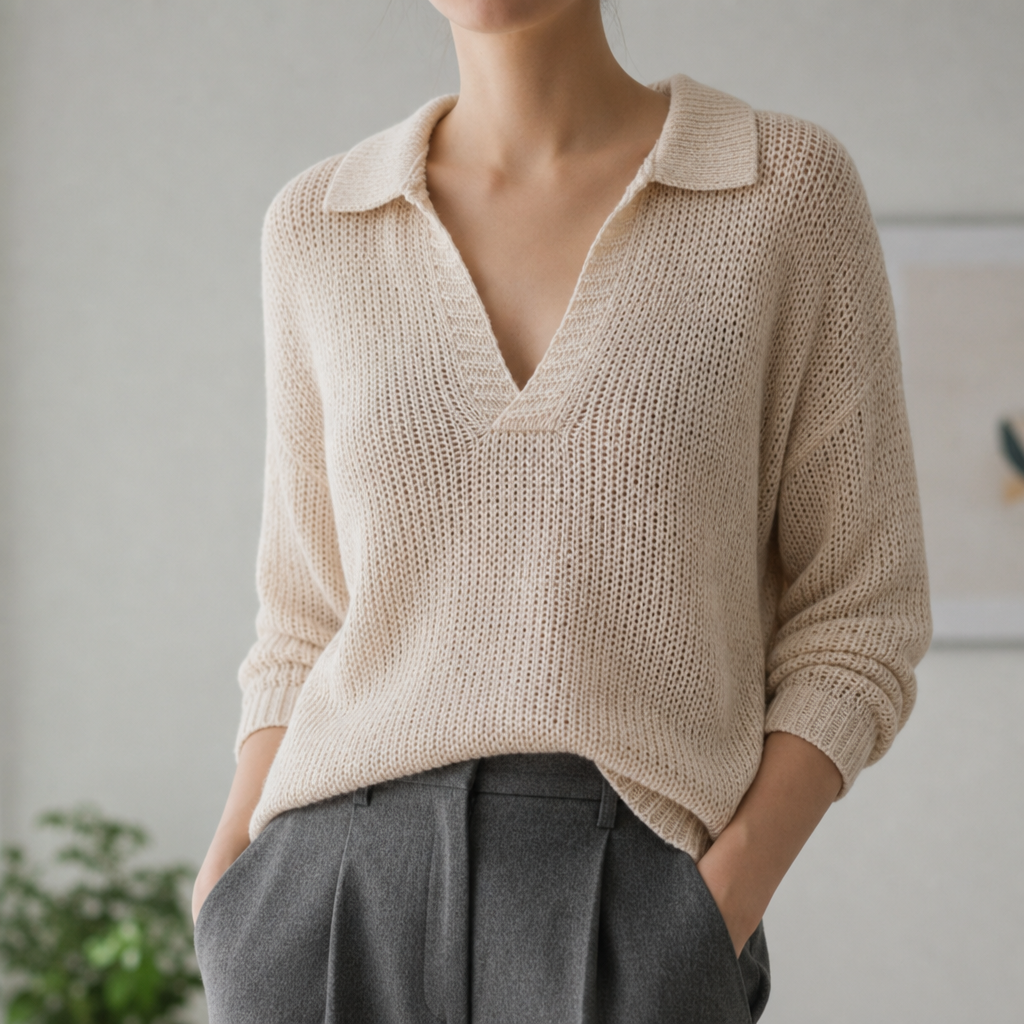 Oviedo Collared Knit Sweater Top in Beige