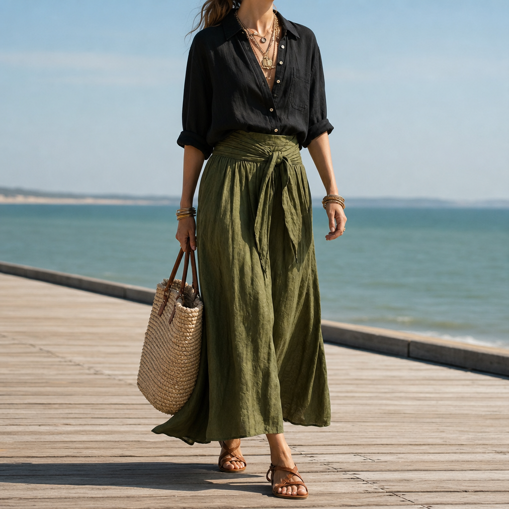 Beaulieu Linen Shirt Skirt Set in Black Green