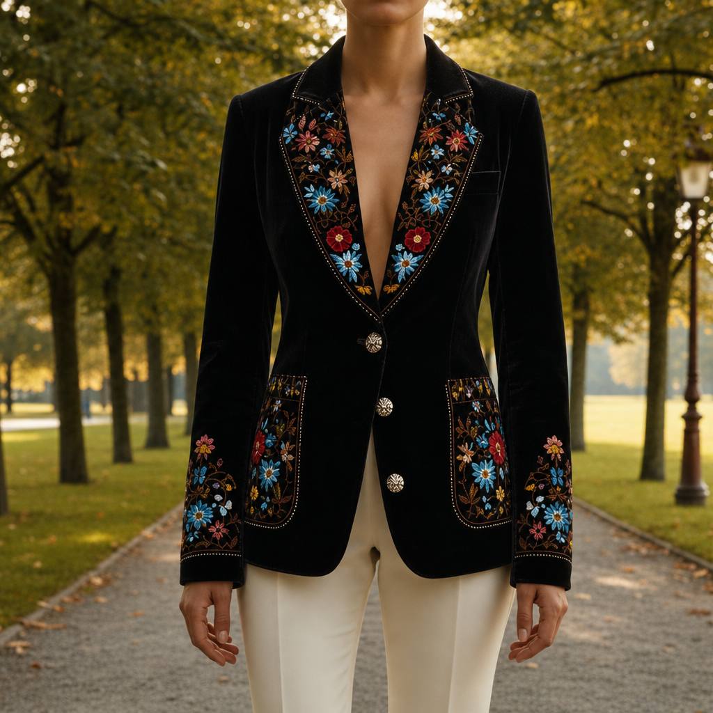 Rimini Floral Embroidered Velvet Blazer in Black