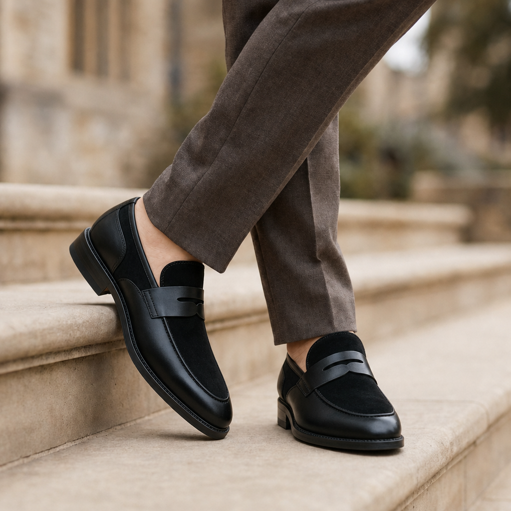 Paphos Leather Suede Loafers in Black