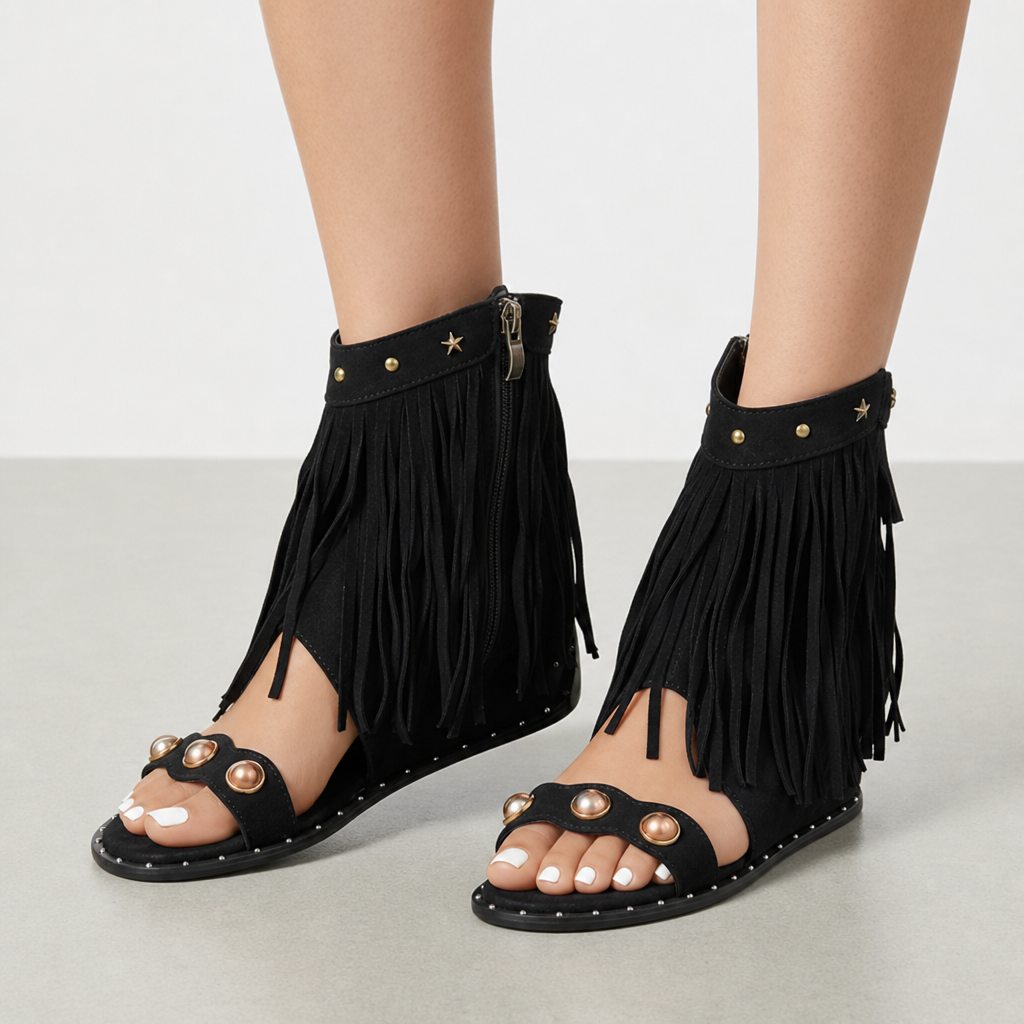 Alberobello Fringe Boho Sandals in Black