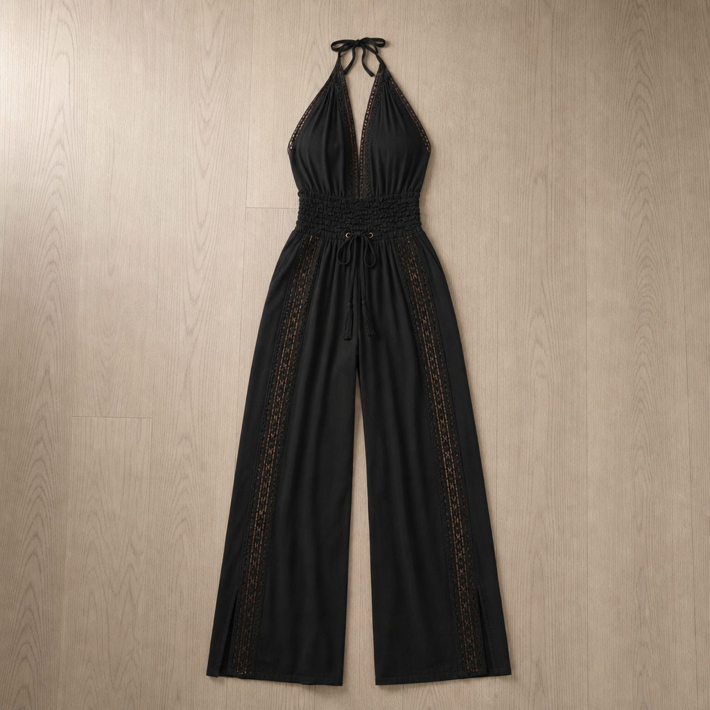 Sitia Lace Panel Halter Jumpsuit in Black