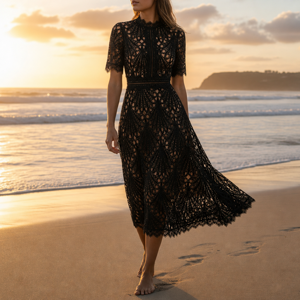 Bellagio Geometric Lace Midi Dress in Black