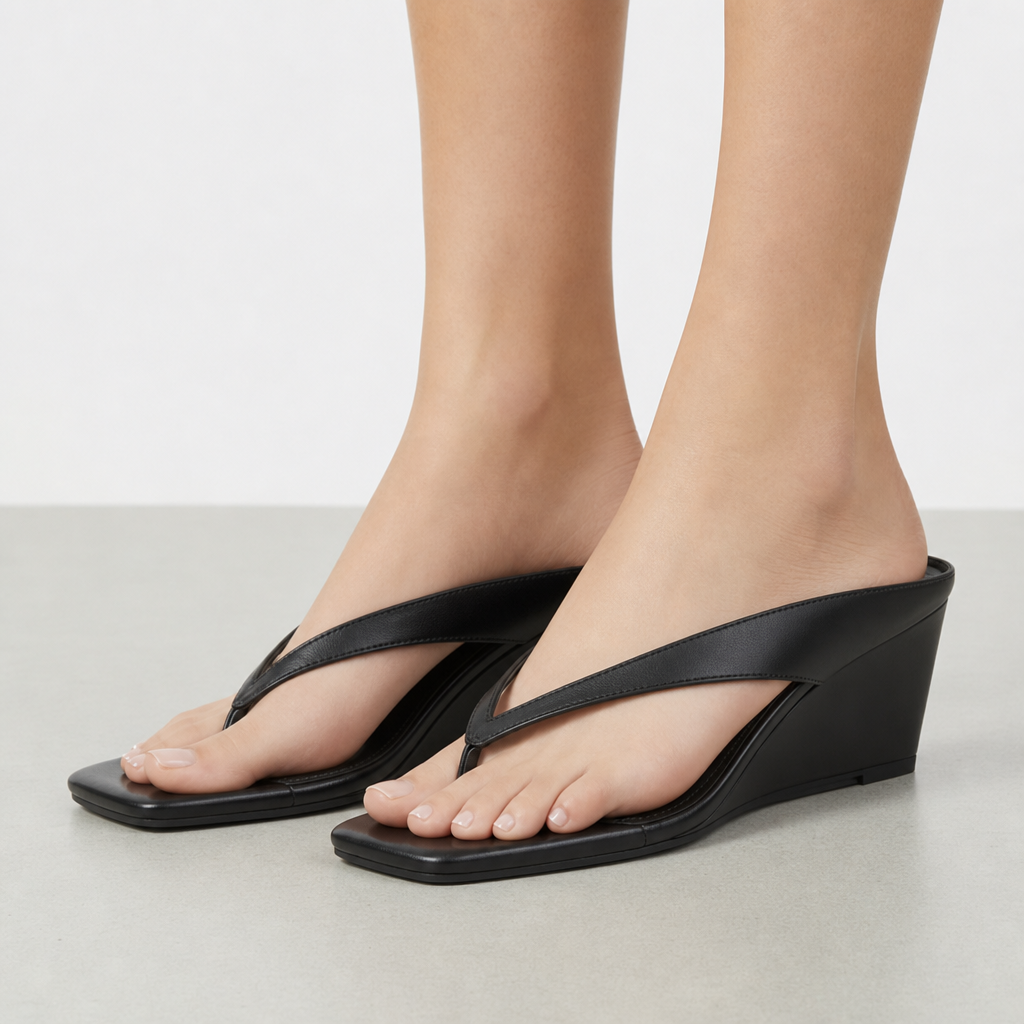 Oviedo Square Toe Wedge Sandals in Black