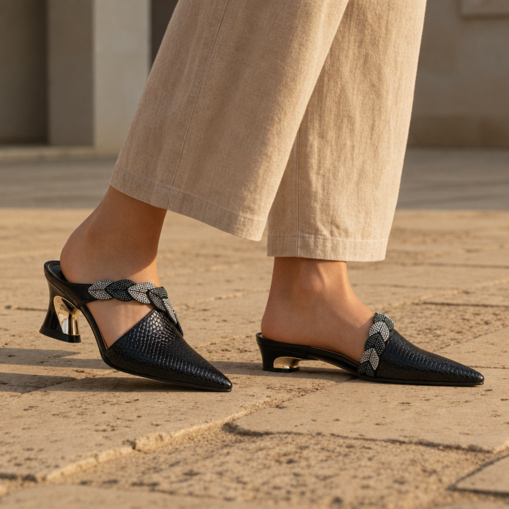 Sorrento Crystal Strap Sculptural Mule in Black
