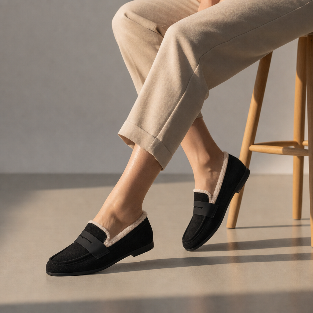 Comino Fur Lined Loafers in Black