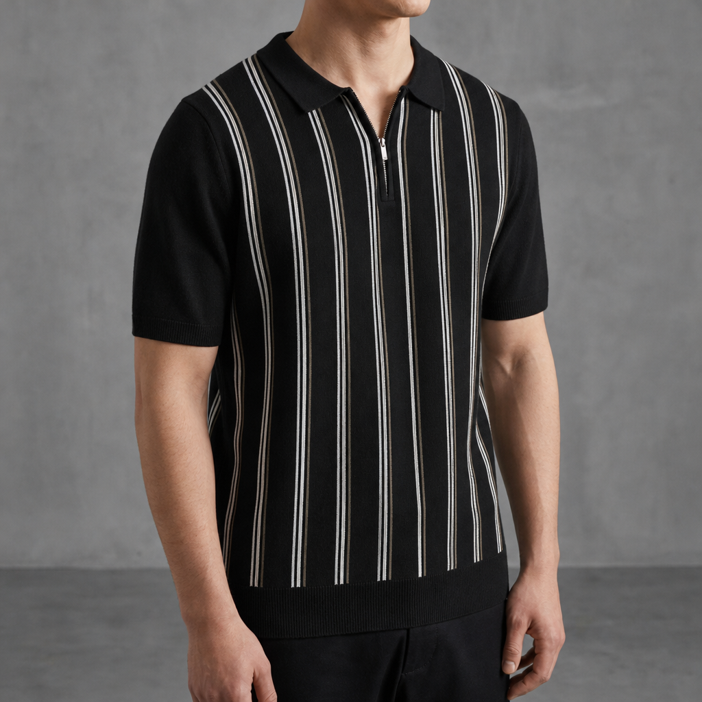 Sitges Stripe Zip Knit Polo in Black