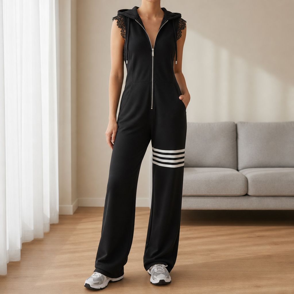 Elvas Striped Hooded Jumpsuit in Black