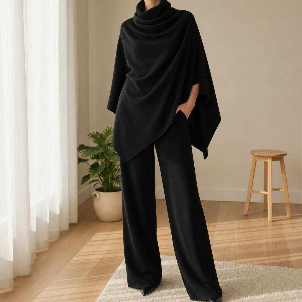Verona Cape Poncho Trouser Set in Black