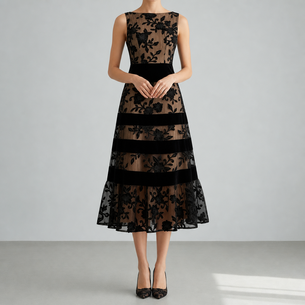 Montepulciano Floral Embroidered Midi Dress in Black