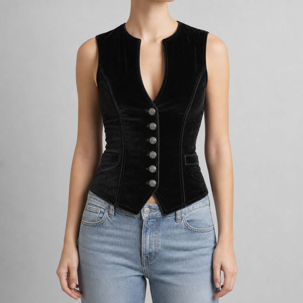 Bilbao Velvet Button Vest in Black