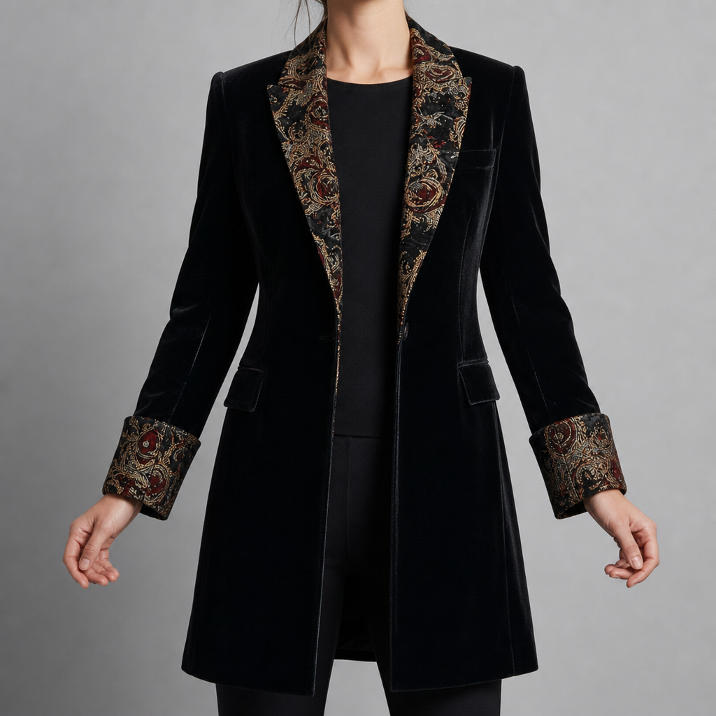 Estoril Baroque Velvet Longline Blazer in Black