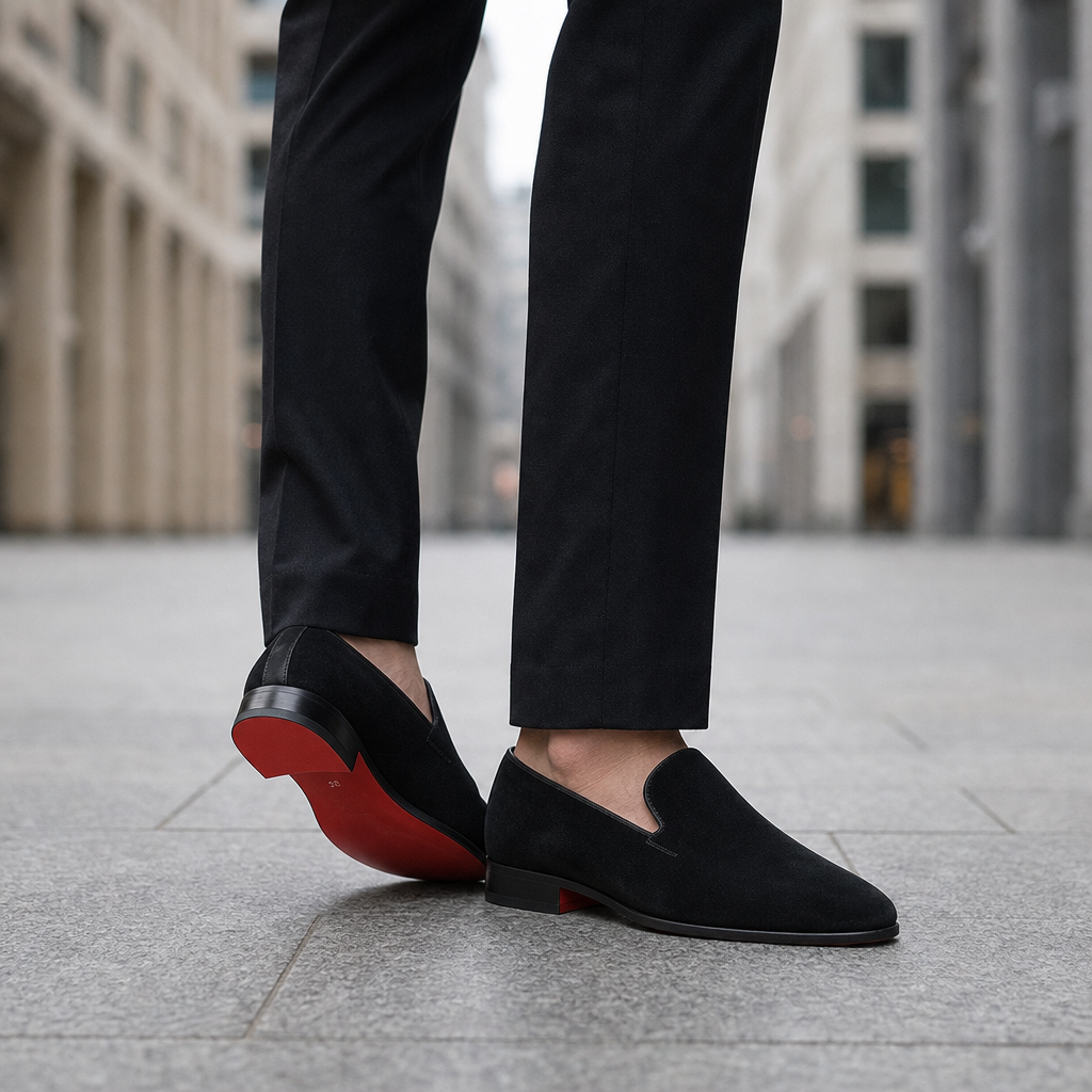 Mykonos Red Sole Suede Loafers in Black