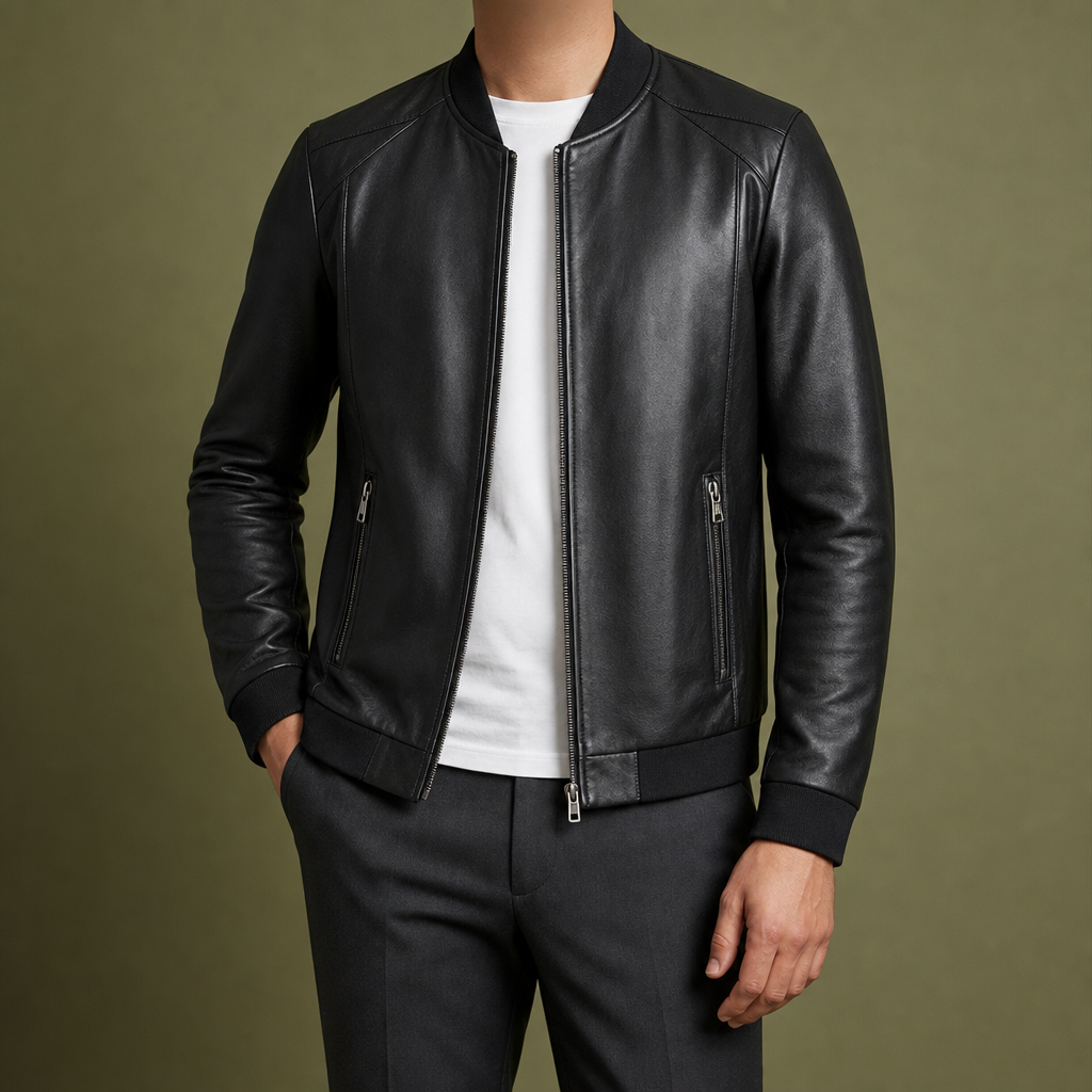 Makarska Leather Bomber Jacket in Black