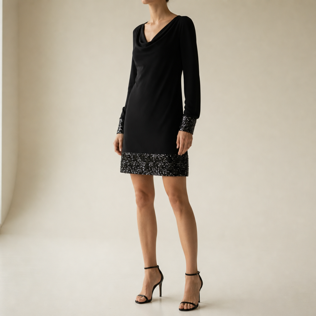 Trani Sequin Trim Mini Dress in Black