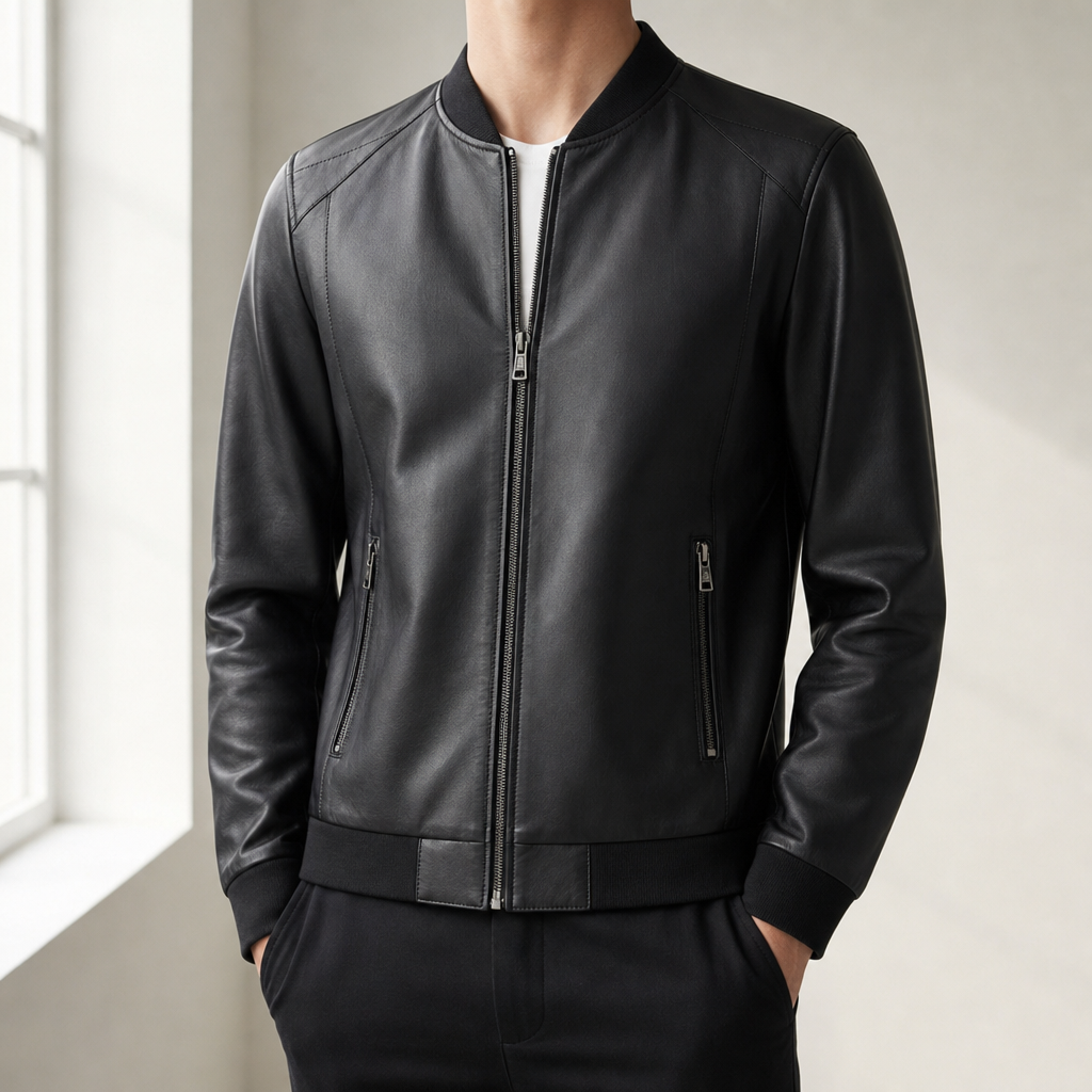Pylos Faux Leather Bomber Jacket in Black