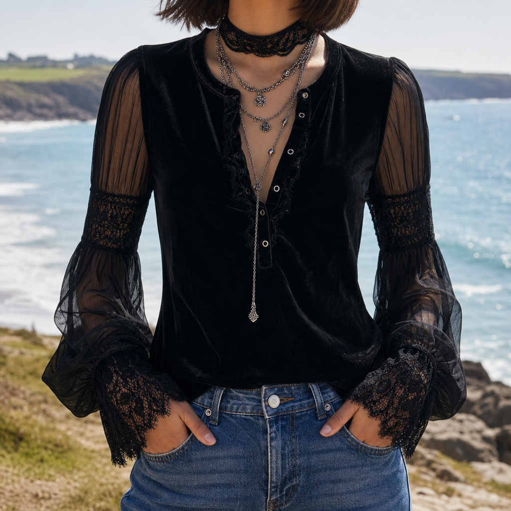 Menton Velvet Lace Sleeve Blouse in Black