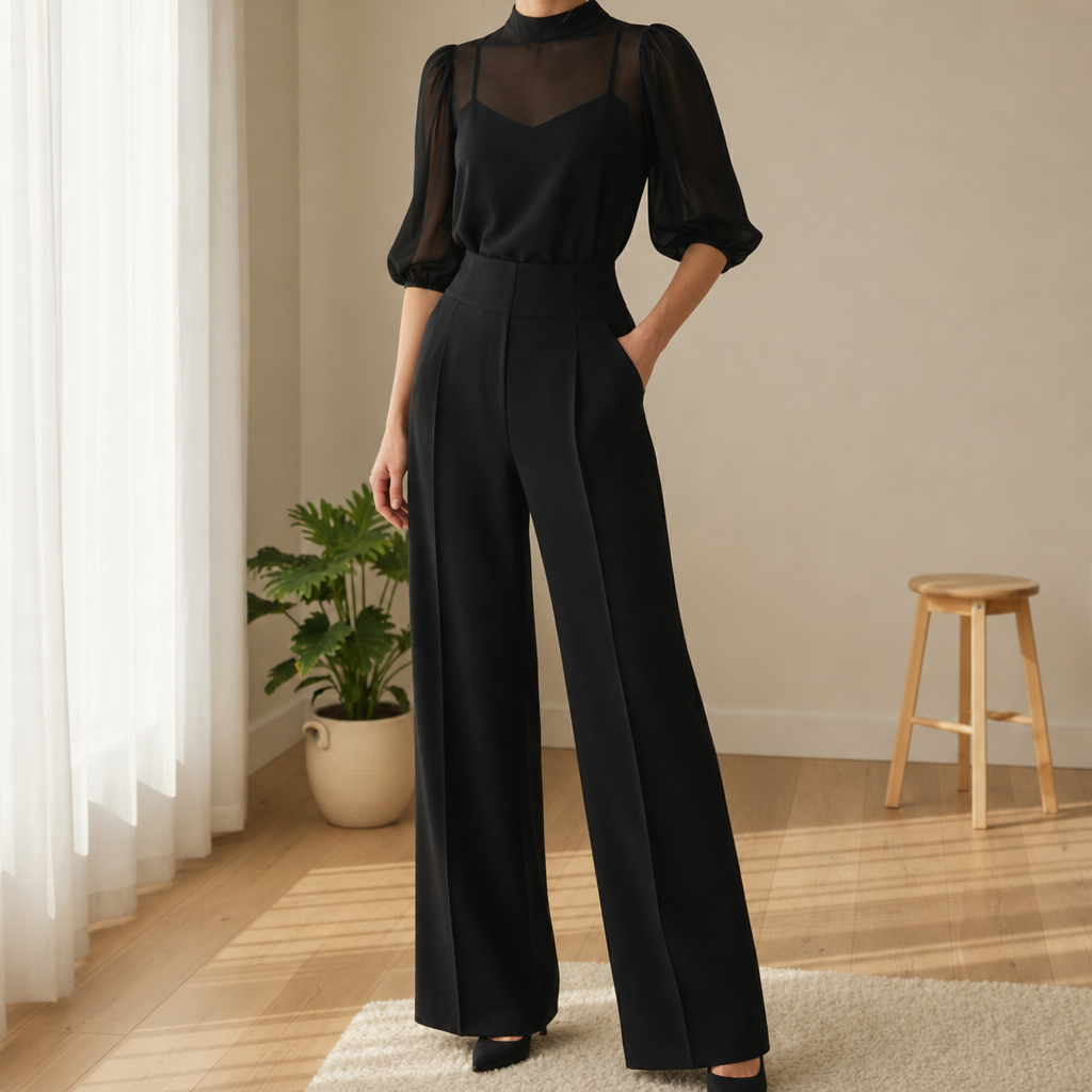 Bonifacio Mesh Top Trouser Set in Black