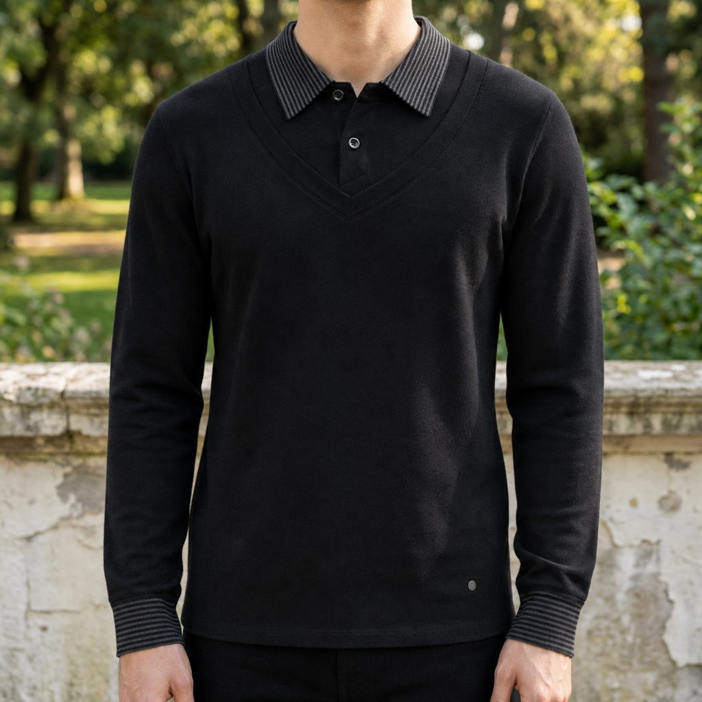 Evora Striped Layered Knit Sweater in Black