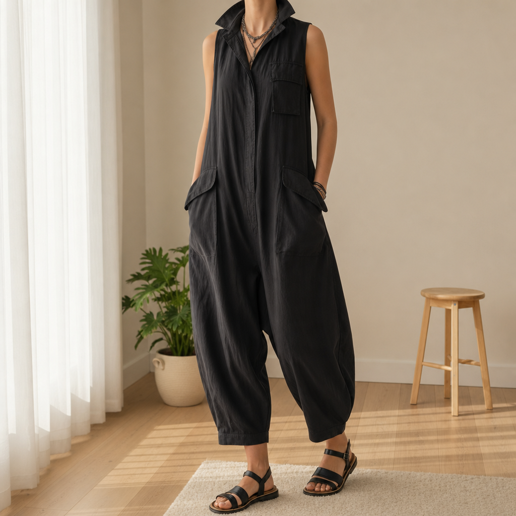 Samos Sleeveless Cargo Jumpsuit in Black