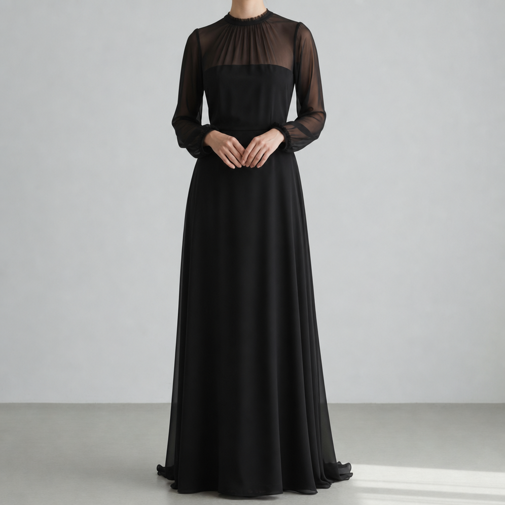 Leros Sheer Sleeve Maxi Dress in Black