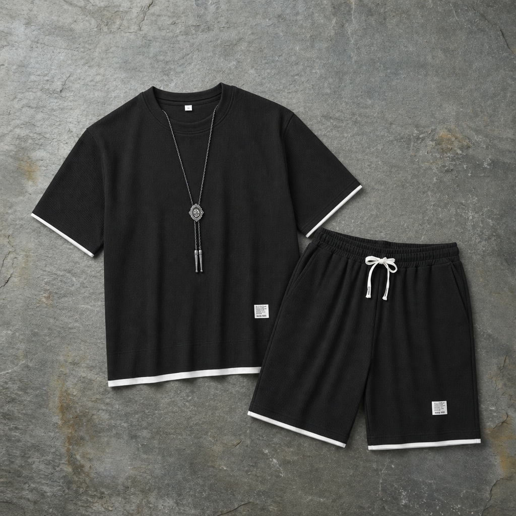 Spetses Waffle Knit Lounge Set in Black