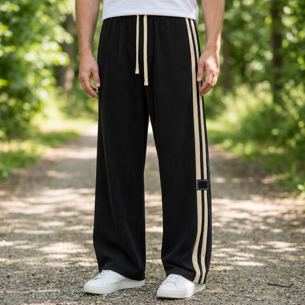 Pylos Striped Corduroy Wide-Leg Pants in Black