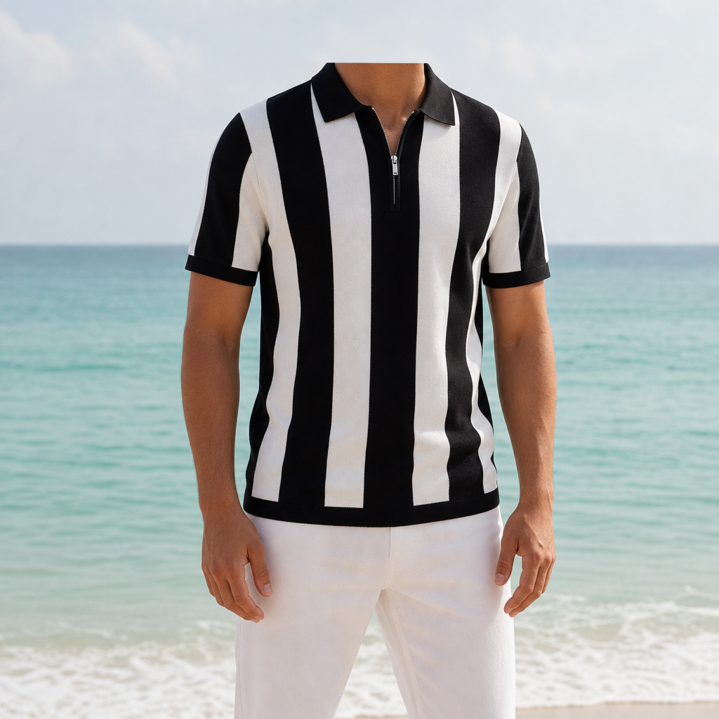 Urbino Striped Zip Polo in Black