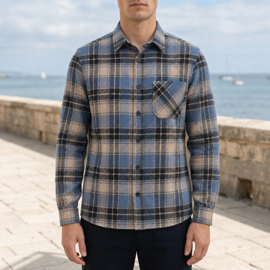 Porto Vecchio Plaid Flannel Shirt in Blue & Beige