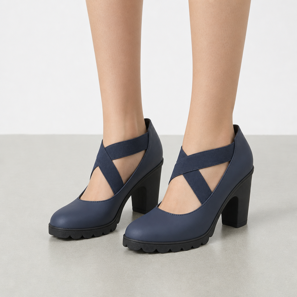 Kythnos Crisscross Strap Block Heels in Blue PU Leather