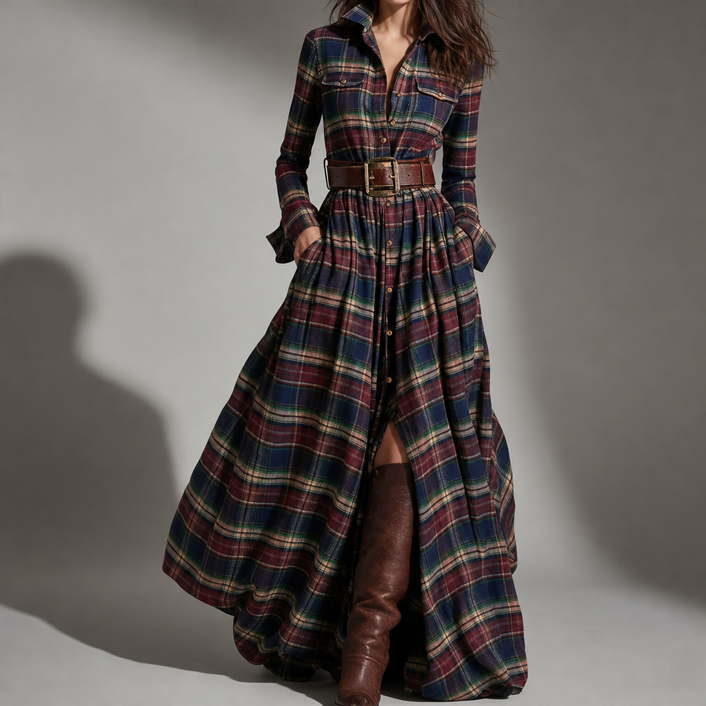 Rabat Plaid Belted Maxi Dress in Blue-Red