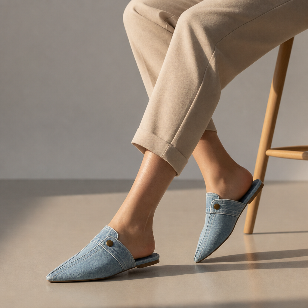 Rivello Denim Pointed Mules in Blue
