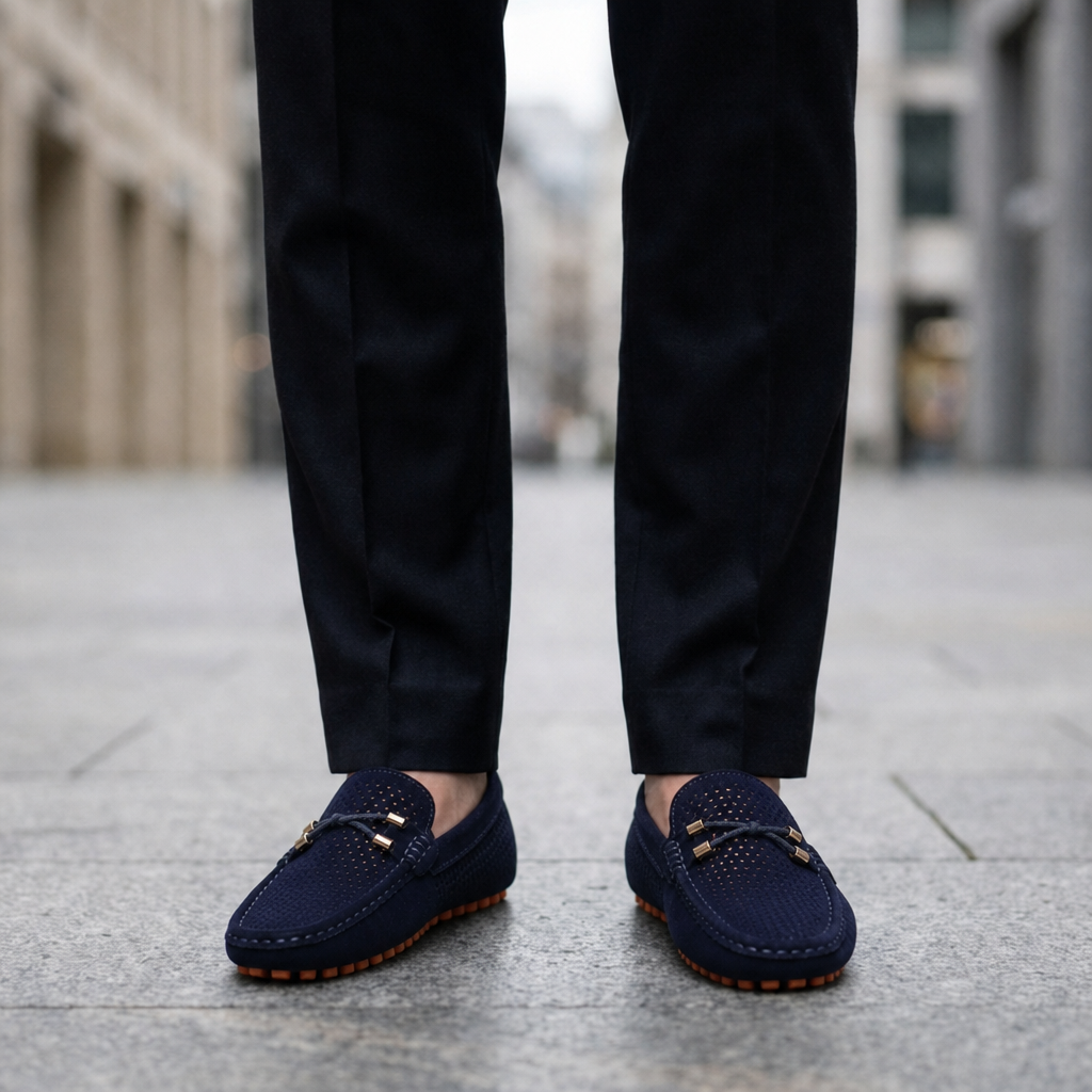 Vellara Perforated Suede Loafers in Blue